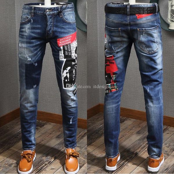 

men's printed skater cotton denim jeans button fly distressed and faded dark viscious wash cowboy pants guy, Blue