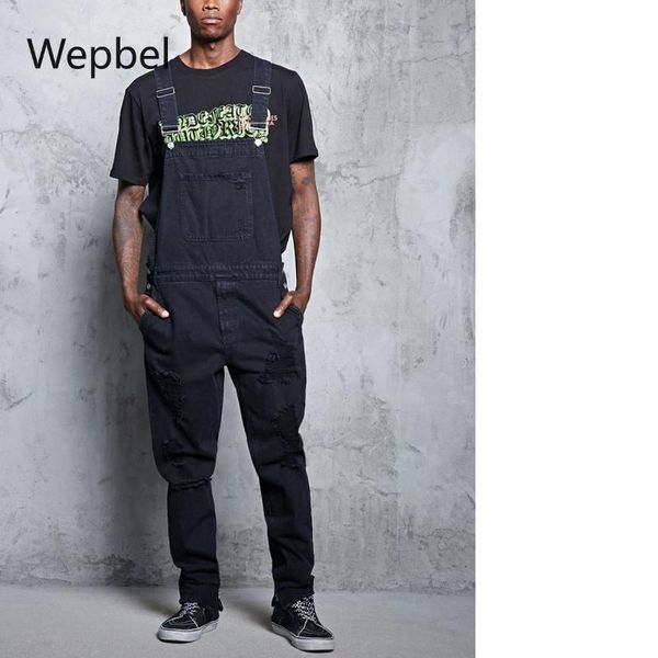

men's jeans wepbel ripped trousers fashion suspender denim jumpsuit overalls plus size black pants, Blue