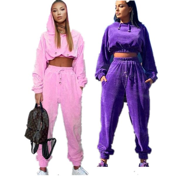 

women's polar fleece tracksuit warm two piece outfits pleuche hoodie crop hooded pullover and pants drawstring trousers set cloth ly82, White