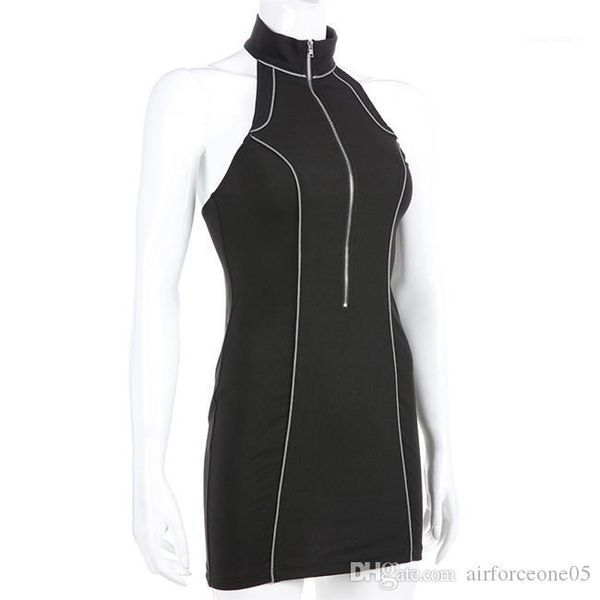 

dress sleeveless o-neck dress skinny zipper designer women female fashion clothing women reflective halter, Black;gray