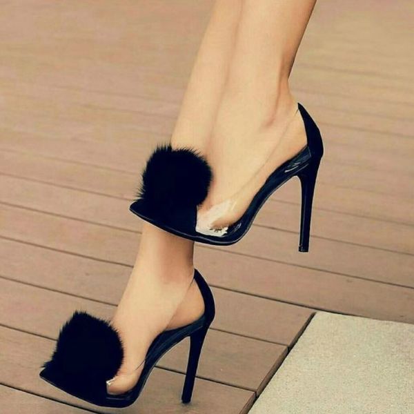 

2020 new women's black transparent pvc heels pumps high heels shoes fur high single women's shoes zl-a5-36