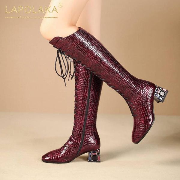 

boots lapolaka fashion chunky heels knee high woman shoes zip up quality cross-tied trend ladies women, Black