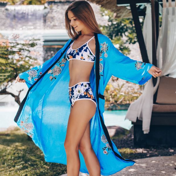 

women's swimwear bathing suit cover up beach woman cardigan kimono european and american light blue embroidered pocket bikini blouse su, White;black