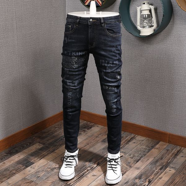 

men's jeans fashion streetwear men black blue skulls patches designer ripped punk pants hip hop homme
