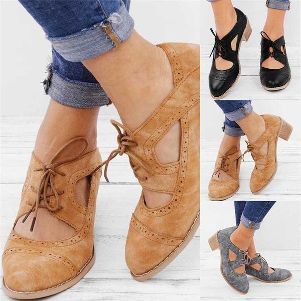 

summer vintage london brogue shoes women lace up sandal chunky high heels cut-outs female casual footwear plus size 35-43, Black