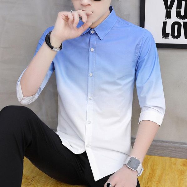 

shirts spring autumn youth slim casual clothing handsome long sleeve men gradient lapel neck mens, White;black