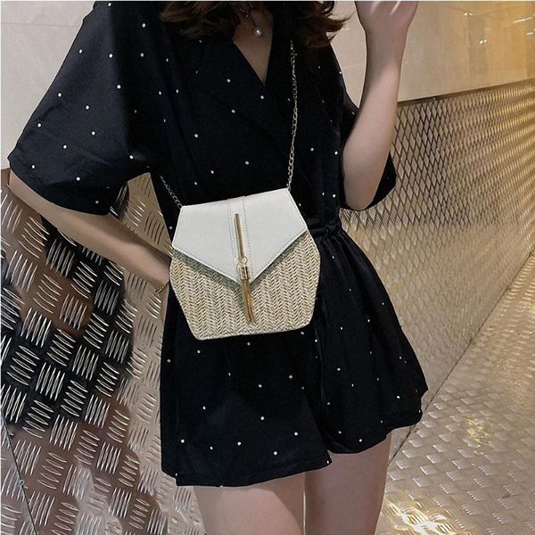 

weaving straw shoulder bag hexagon bohemian messenger bag fashion tassel chains handbags women summer rattan