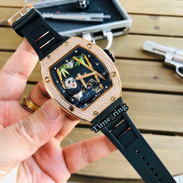 

version rm 26-01 panda skeleton dial rose gold diamond case japan miyota automatic movement rm 26-01mens watch black rubber strap watch, Slivery;brown