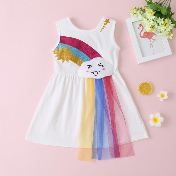 

baby girl одежда платье лето kid малыша девушки симпатичные повседневный mesh пряжа строчка радуга-линии платье 1-5 y детская одежда, Red;yellow