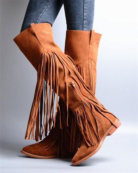 

boots brown fringed women thigh high suede tassels over the knee female autumn winter flat long botas mujer, Black