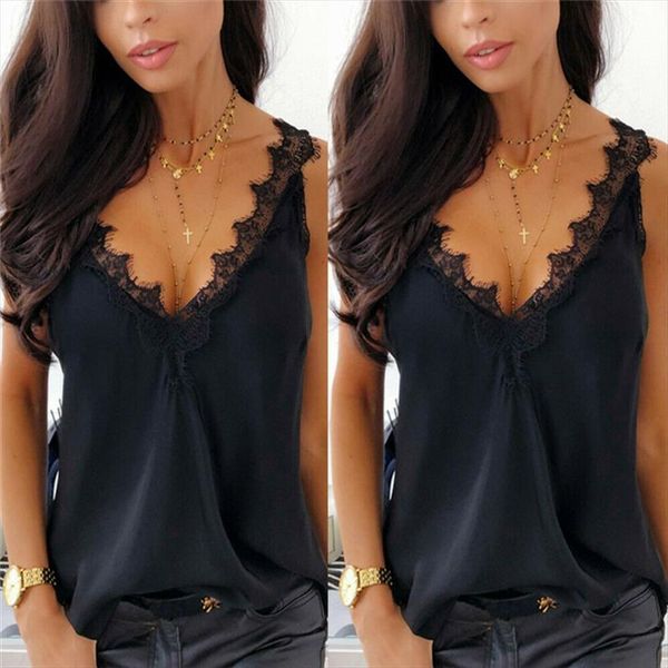 

fashion womens lace v neck shirt ladies summer black loose sleeveless casual vest drop shipping good quality, White