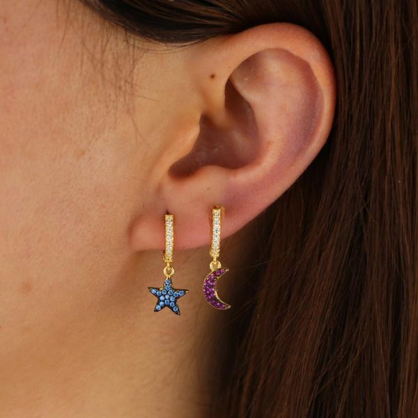 

fine silver women jewelry blue star red moon drop charm 925 sterling silver classic moon star earring