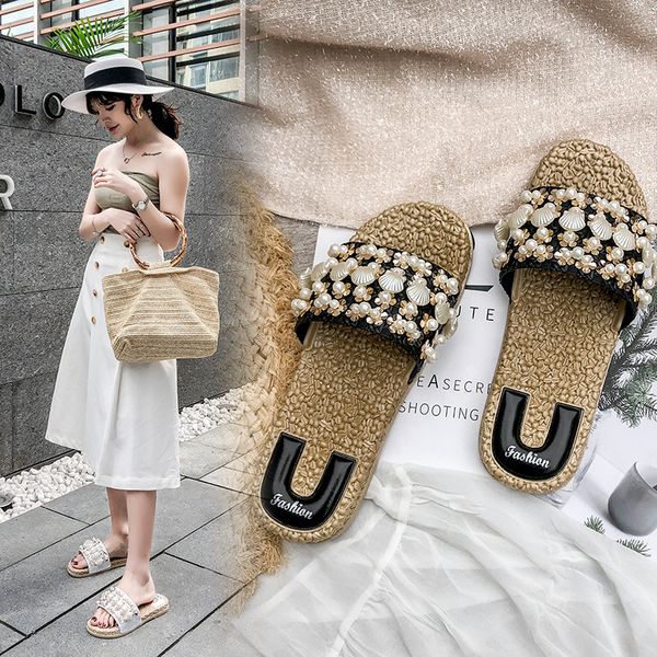 

женщины из бисера тапочки женская летняя мода открытый versatile personaly обувь casual смазливая seaside отпуск плоским дном тапочки, Black