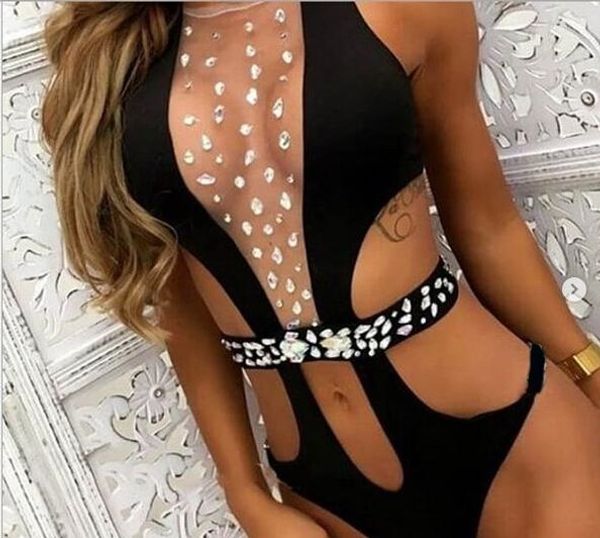 

summer deep v crystal swimwear rhinestone swim suit women diamond swimsuits female bodysuit monokini womens0698, White;black