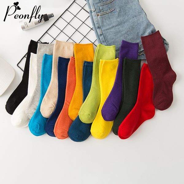 

peonfly harajuku autumn solid color women socks candy cotton ladies ankle students casual colorful yellow green red funny socks, Black;white