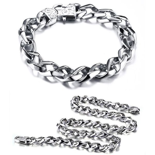 

2016 new exaggerated stainless steel high polished twisted chains necklace & bracelet 2pcs jewelry set men punk bangle fashion joyas, Silver