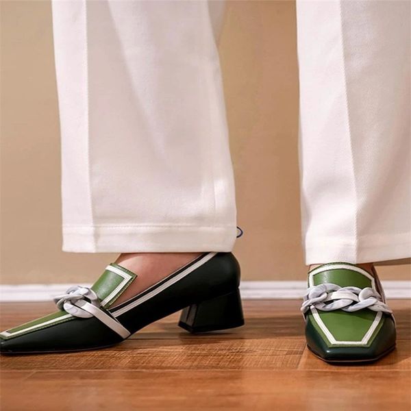 

women pumps 2020 square toe office modern women shoes genuine leather mid heels loafers fashion brief british style heels, Black