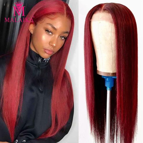 

lace wigs malaika red 99j colored maylaysian straight 13x4 front human hair pre plucked hairline for black women hd full wig, Black;brown