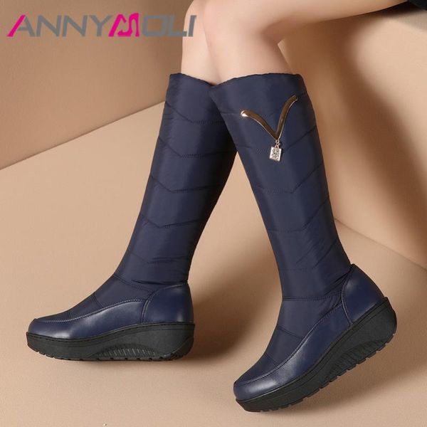 

boots annymoli women knee high shoes crystal platform mid heel fur snow slip on wedge heels warm lady long winter 44, Black