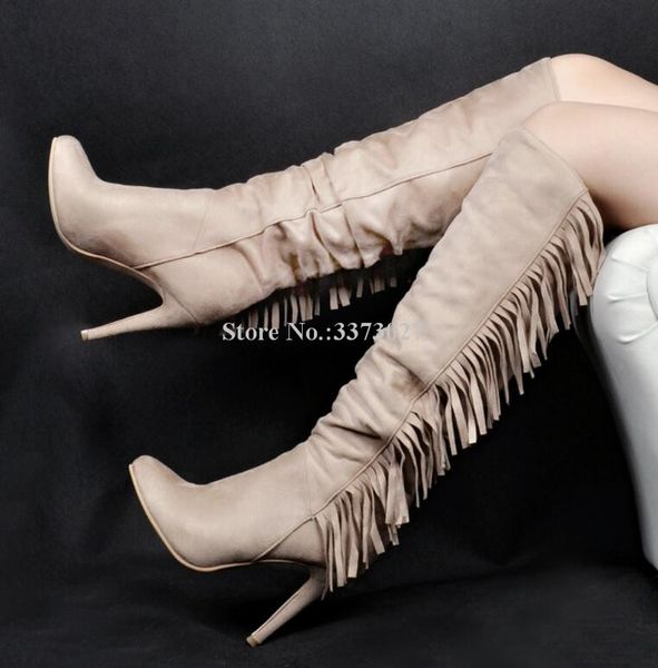 

boots fashion nude suede fringe knee high women pointed toe stiletto heel tassels long lady large size casual, Black