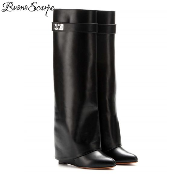 

buonoscarpe shark lock women wedge boots black fold knee high heel boots pointed toe long boots female wedges heel botas bigsize