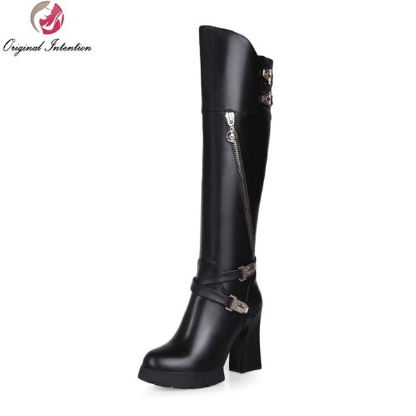 

boots original intention women knee high fashion round toe square heels high-quality black brown shoes woman size 4-8.5