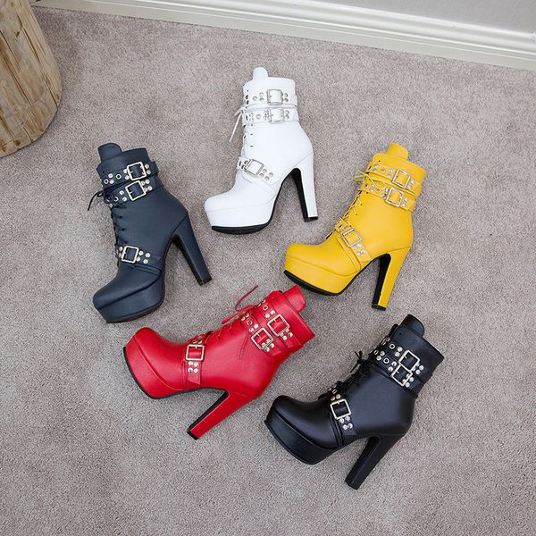 

boots ymechic autumn studded buckle strap platform high heels ankle for women lace up red black yellow boot party ladies shoes