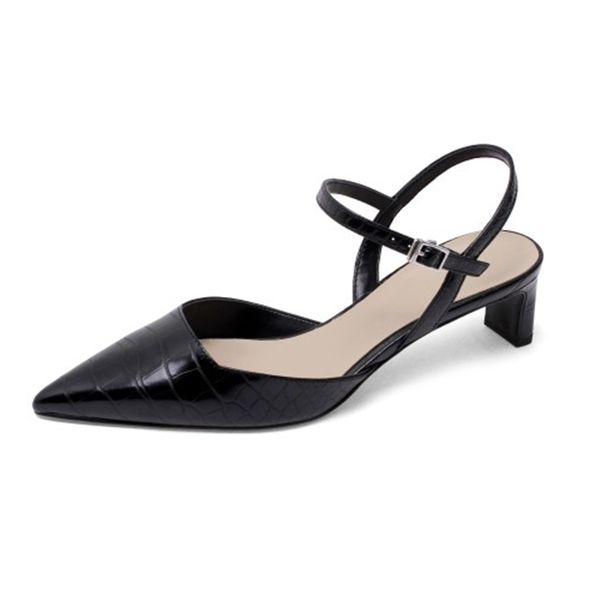 

mkkhou fashion sandals women 2020 summer new leather pointed toe heel buckle 4.5cm middl heel open shoes women shoes sizes 33-43, Black