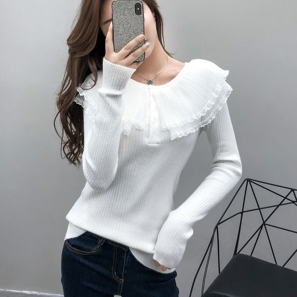 

korea bottoming ruffle knit jumper sweaters autumn winter women slim elasticity knitted pullovers sweaters female, White;black