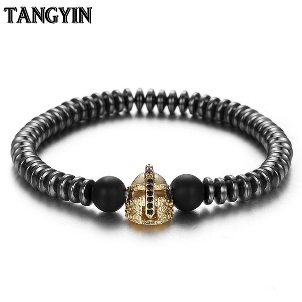 

fashion black gallstone septum natural stone beads men bracelet micro-inlaid zircon spartan helmet bracelet elastic bracelets, Golden;silver