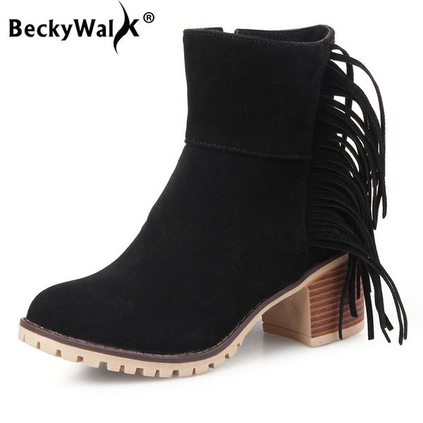 

women ankle short boots tassels round toe botas mujer thick heels women shoes suede leather winter female boots wsh3742, Black