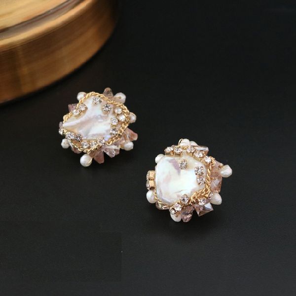 

100% natural baroque flat pearl stud earrings for women wedding flower earrings fine55, Golden;silver