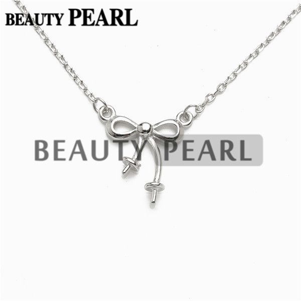 

bowknot necklace blank for pearls mounting 925 sterling silver chain base with 2 blanks 5 pieces, Slivery;crystal