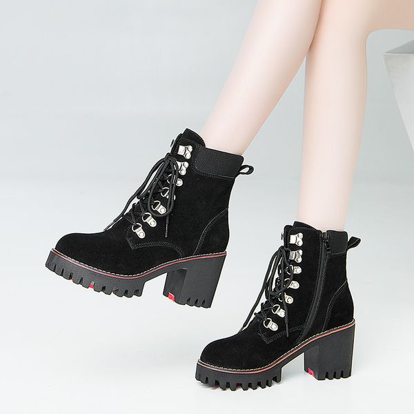 

plus size 33-43 block square heel platform shoes women ankle boots 2020 fall winter suede plush high heels boots ladies booties, Black