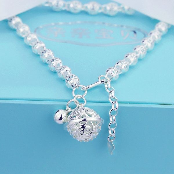 

999 sterling silver anklet women's palace hollow-out transfer beads learn Korean style simple personality Foot chain Bell Bell silver orname