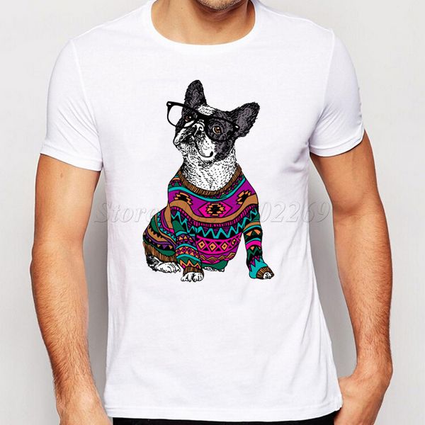 

asian size hipster frenchie dog design men t-shirt short sleeve casual fashion wearing dog retro funny printed tee