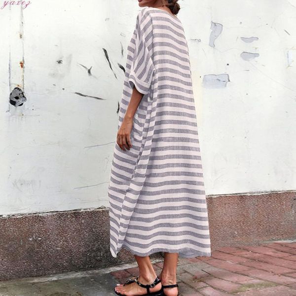 

2020 plus size maxi long dress women casual loose dress striped print batwing sleeve cotton large female ankle-length robe, Black;gray