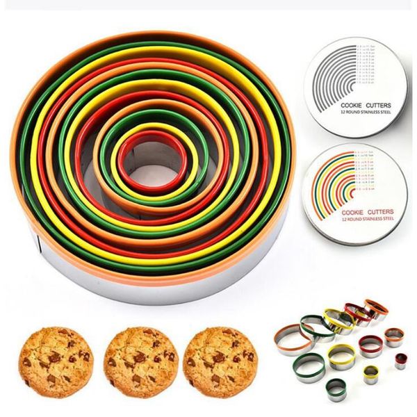 

colorful stainless steel biscuit cutting set 12pcs/set round shape cutting molds mousse cake biscuit donuts cutter yya366 sea shipping