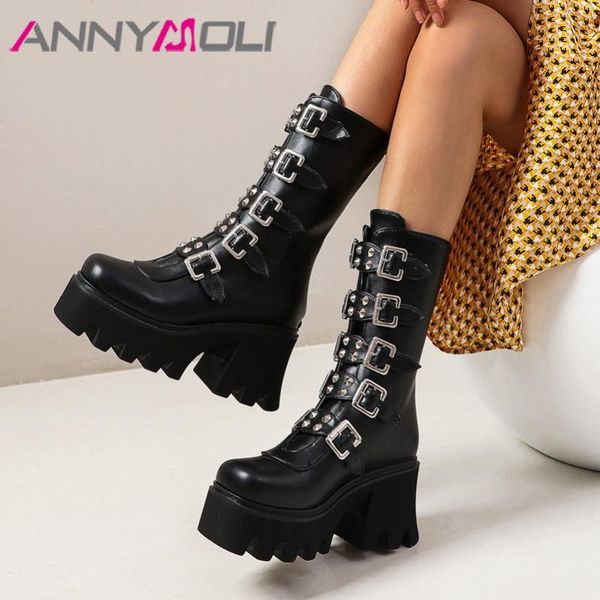 

annymoli buckle platform extreme high heel mid calf boots women shoes rivet thick heels zip punk ladies boots winter black 44