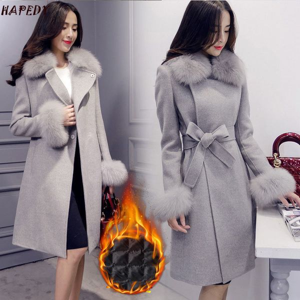 

new women wool coat fur autumn/winter thicken with cotton solid color coats female outerwear woolen warm slim jacket ca6982, Black
