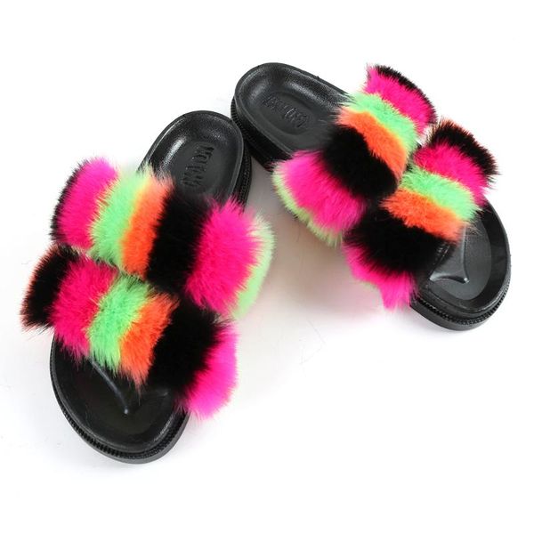 

summer furry women slippers plush fluffy sandals woman fake fur slides outdoor slippers women thick heel faux fur ladies slipper, Black