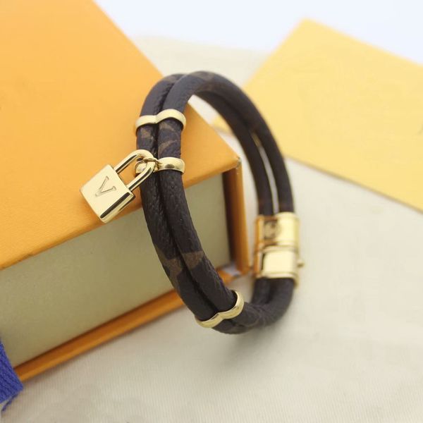 

europe america fashion lady women round print flower double deck design engrave v letter lock charm leather bracelets bangle, Black