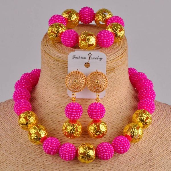 

simulated pearl europe and america gold nigerian beads african necklace fuchsia pink jewelry set zz03, Silver