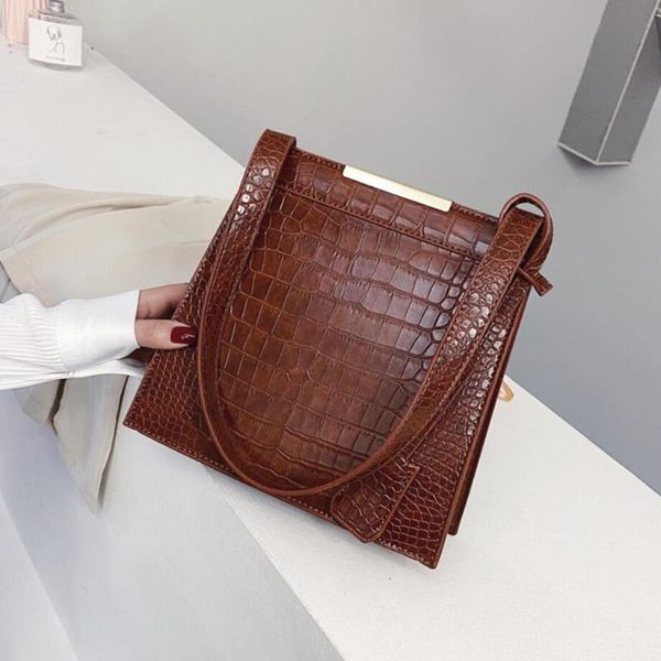 

vintage square tote bag 2020 fashion new leather women's designer handbag crocodile pattern portable shoulder bag