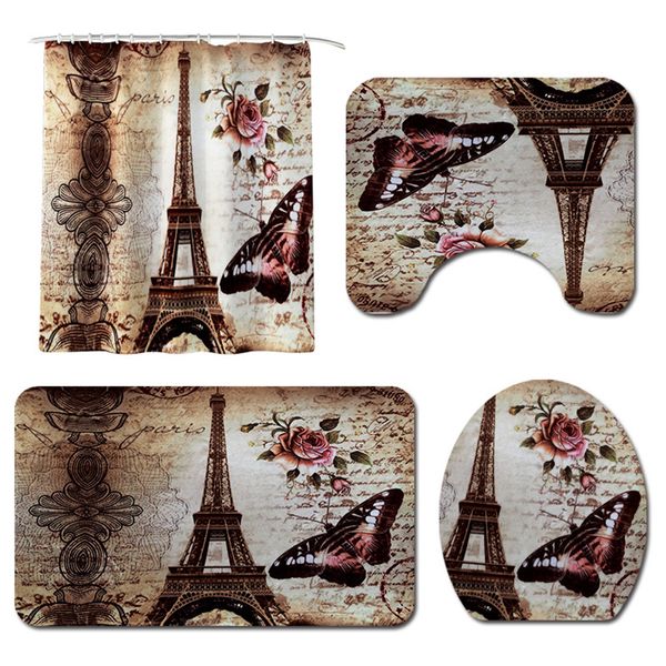 

4pcs modern pedestal rug shower curtain set bath mat home toilet cover polyester