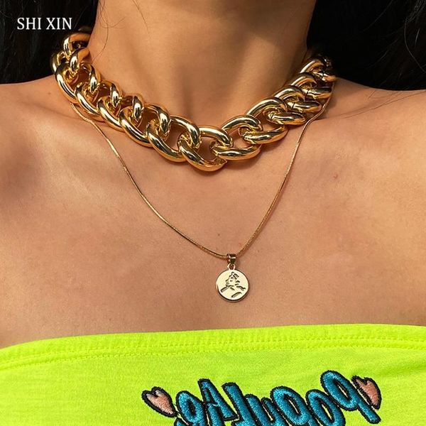 

shixin hiphop chunky choker collar coin pendant necklace for women punk layered cuban link chain necklace decoration on the neck, Silver