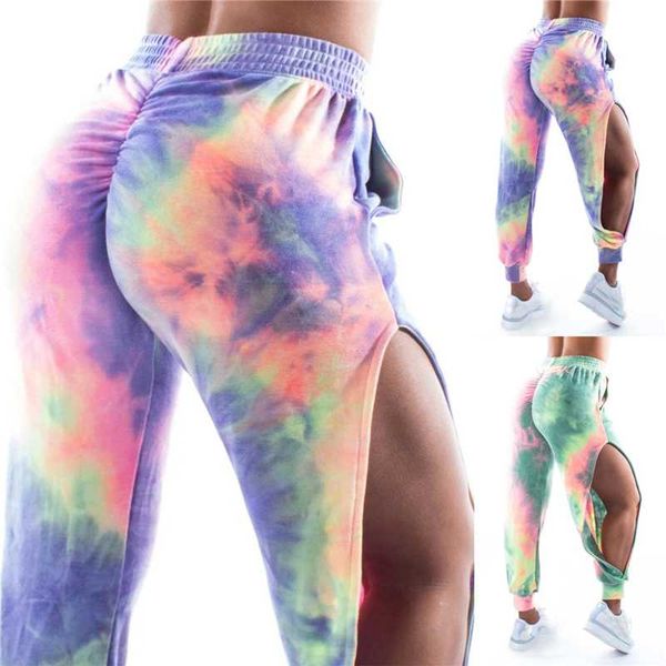 

yoga outfits 2021 fashion trend women camouflage tie-dyed printed trousers split pockets ankle strap sports pants elastic waist, White;red
