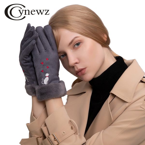 

winter women gloves new touch screen wrist gloves for ladies cat embroidery plush inside soft outdoor warm female, Blue;gray