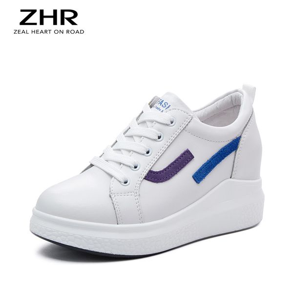 

2020 brand increase women shoes white genuine leather sneakers woman shoes lace up thick high heels platform shoes wedges t200820, Black