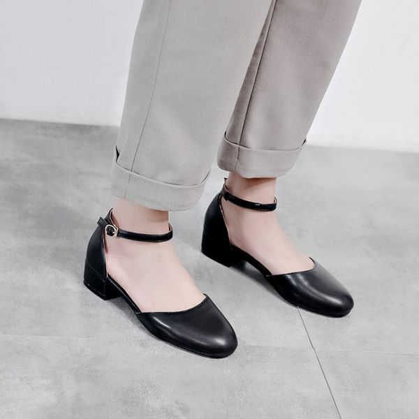 

big size high heels sandals women shoes woman summer ladies rough-heeled square-headed buckled high-heeled sandals, Black